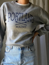Load image into Gallery viewer, Vintage Grey Sweatshirt with Blue Portland Maine Rowing Oars Graphic
