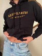 Load image into Gallery viewer, Upcycled Vintage Black Hoodie Sweatshirt Gold Keep Earth Vintage Logo
