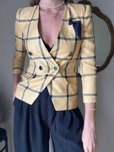 Load image into Gallery viewer, Vintage Yellow Black Plaid Blazer Padded Shoulders Petite
