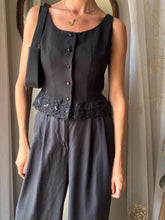 Load image into Gallery viewer, Reversible Black Cropped Tank Top: Beaded Lace Hem, Button Up
