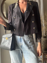 Load image into Gallery viewer, Vintage 80s 90s Cropped  Black Double Breasted Blazer Gold Embellished Collar Cuff Detail
