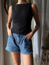 Load image into Gallery viewer, Reversible Black Cropped Tank Top: Beaded Lace Hem, Button Up
