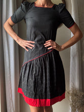 Load image into Gallery viewer, Vintage Black Red Cotton Asymmetrical Short Puff Sleeve Dress
