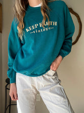 Load image into Gallery viewer, Upcycled Vintage Oversized Teal Long Sleeve Raglan Sweatshirt Beige Keep Earth Vintage Logo
