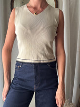 Load image into Gallery viewer, Classic Vintage Beige Cropped V Neck Knit Tank Top Black Striped Hem
