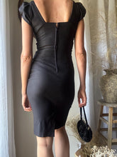 Load image into Gallery viewer, Vintage Ruched Twist Body Con Fitted Black Cotton Blend Dress Made in USA
