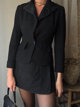 Load image into Gallery viewer, Vintage Wool Black Fitted Blazer Faux Shearling Velvet Collar Made in USA
