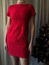 Load image into Gallery viewer, Vintage Cherry Red Embroidery Short Sleeve Dress Scalloped Hem Keyhole Back Petite
