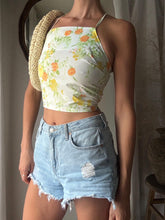 Load image into Gallery viewer, Vintage Upcycled White Yellow Floral Square Neck Halter Tie Top Handmade
