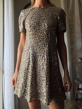Load image into Gallery viewer, Unique Vintage Sequin Floral Short Sleeve Shift Dress Petite Lined
