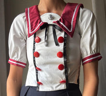Load image into Gallery viewer, Vintage Handmade Nautical Sailor Top: Puff Sleeves, Burgundy Collar
