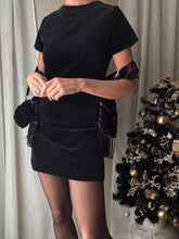 Load image into Gallery viewer, Classic Vintage Black Velvet Cotton Short Sleeve Modest LBD Dress
