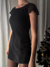 Load image into Gallery viewer, Classic Vintage Black Short Rhinestone Sheer Flutter Sleeve Crew Neck LBD Dress Lined Petite
