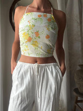 Load image into Gallery viewer, Vintage Upcycled White Yellow Floral Square Neck Halter Tie Top Handmade
