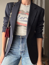 Load image into Gallery viewer, Vintage Wool Boyfriend Blazer: Dark Navy Blue with Gold Crest Buttons
