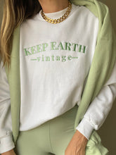 Load image into Gallery viewer, Upcycled Vintage Oversized White Long Sleeve Sweatshirt Pale Mint Green Keep Earth Vintage Logo
