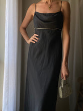 Load image into Gallery viewer, Vintage Cowl Neck Black Dress Spaghetti Straps Rhinestone Waist Made in USA
