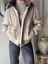Load image into Gallery viewer, Vintage 80s Beige Bomber Jacket: Plaid Lining, Removable Hood
