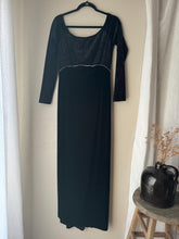 Load image into Gallery viewer, Vintage Black Velvet Rhinestone Empire Waist Long Sleeve Dress Made in USA
