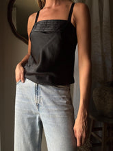 Load image into Gallery viewer, Vintage Black Satin Slip Tank Top with Straight Pleated Neckline
