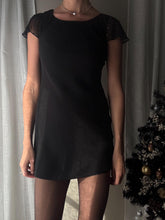 Load image into Gallery viewer, Classic Vintage Black Short Rhinestone Sheer Flutter Sleeve Crew Neck LBD Dress Lined Petite
