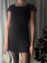 Load image into Gallery viewer, Classic Vintage Black Short Rhinestone Sheer Flutter Sleeve Crew Neck LBD Dress Lined Petite
