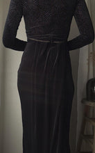 Load image into Gallery viewer, Vintage Black Velvet Rhinestone Empire Waist Long Sleeve Dress Made in USA
