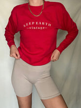 Load image into Gallery viewer, Upcycled Vintage Bright Cherry Red Sweatshirt with Beige Keep Earth Vintagen Embroidered Logo
