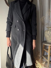 Load image into Gallery viewer, Classic Vintage Wool Oversized Dark Grey Long Coat Black Velvet Collar Made in USA
