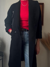 Load image into Gallery viewer, Vintage Black Wool Long Black Coat Structured Shoulders
