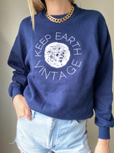 Load image into Gallery viewer, Upcycled Vintage Oversized Dark Navy Blue Long Sleeve Sweatshirt White Keep Earth Vintage Logo

