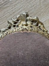 Load image into Gallery viewer, Vintage Gold Metal Oval Mirror Vanity Tray Floral Trim Detail
