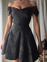 Load image into Gallery viewer, Vintage Black Floral Jacquard Dress: Off-Shoulder Fit &amp; Flare, Made in USA
