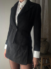 Load image into Gallery viewer, Vintage Wool Black Fitted Blazer Faux Shearling Velvet Collar Made in USA
