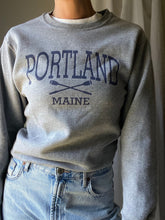 Load image into Gallery viewer, Vintage Grey Sweatshirt with Blue Portland Maine Rowing Oars Graphic
