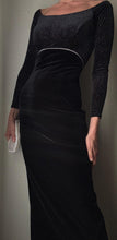 Load image into Gallery viewer, Vintage Black Velvet Rhinestone Empire Waist Long Sleeve Dress Made in USA
