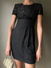 Load image into Gallery viewer, Vintage Classic Black Short Sleeve Sparkly Velvet Polka Dot Bow Empire Waist Dress Petite
