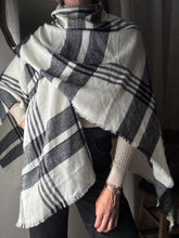 Load image into Gallery viewer, Vintage Cape Shawl Scarf Black White Plaid
