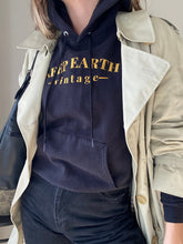 Load image into Gallery viewer, Upcycled Vintage Black Hoodie Sweatshirt Gold Keep Earth Vintage Logo
