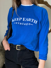 Load image into Gallery viewer, Upcycled Vintage Blue Raglan Sweatshirt: 'Keep Earth Vintage' Logo
