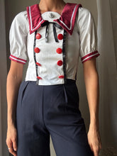 Load image into Gallery viewer, Vintage Handmade Nautical Sailor Top: Puff Sleeves, Burgundy Collar
