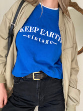 Load image into Gallery viewer, Upcycled Vintage Blue Raglan Sweatshirt: 'Keep Earth Vintage' Logo
