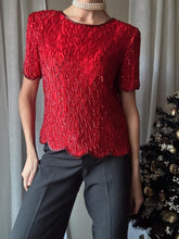 Load image into Gallery viewer, Vintage Red Silk Sequin Blouse: Beaded Short Sleeve Top Shoulder Pads
