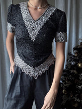 Load image into Gallery viewer, Vintage Black Silk Silver Sequin Beaded Blouse: Short Sleeve
