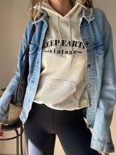 Load image into Gallery viewer, Upcycled Vintage Beige Oversized Hoodie Sweatshirt Black Keep Earth Vintage Logo
