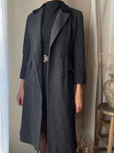 Load image into Gallery viewer, Classic Vintage Wool Oversized Dark Grey Long Coat Black Velvet Collar Made in USA
