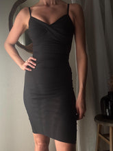 Load image into Gallery viewer, Vintage Ruched Bodycon Dress: Black Cotton Blend Spaghetti Strap
