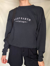 Load image into Gallery viewer, Upcycled Vintage Black Oversized Sweatshirt with White Keep Earth Vintage Embroidered Logo

