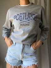 Load image into Gallery viewer, Vintage Grey Sweatshirt with Blue Portland Maine Rowing Oars Graphic
