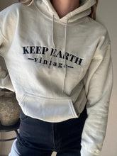 Load image into Gallery viewer, Upcycled Vintage Beige Oversized Hoodie Sweatshirt Black Keep Earth Vintage Logo

